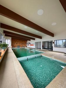 an indoor swimming pool with green water in a building at Apartment By Toore Patagonia in Puerto Natales