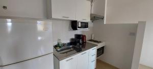 une petite cuisine avec un évier et un réfrigérateur dans l'établissement Bear Cave Ushuaia, à Ushuaia 3 autres photos