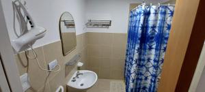 une salle de bain avec un lavabo, des toilettes et un miroir dans l'établissement Bear Cave Ushuaia, à Ushuaia