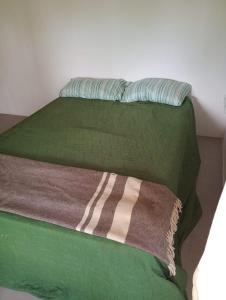 una cama verde con una almohada encima en El nogalito quinta, en Lobos