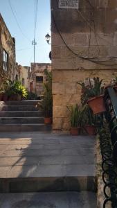 KalkaraにあるKalkara Cozy 2 Bedroom Maisonetteの石造りの建物で、階段と鉢植えの植物が飾られています。