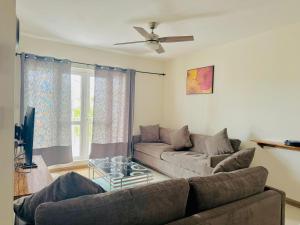 a living room with a couch and a tv at Coquilles D'Argent Apart in Flic-en-Flac