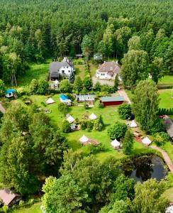 an aerial view of a farm with tents and trees at Tree House Fluffy Horns - Namiņš Kokos Pūkainie Ragi in Plieņciems