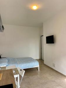 a bedroom with a bed and a tv on a wall at Monolocale 2 in Turin