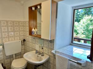 ein Badezimmer mit Toilette und Waschbecken und einem Fenster in der Unterkunft Cozy Three-Room Apartment with Mountain View & Parking - Ussin Chalet - Valtournenche in Chamois + 21 Fotos