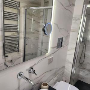 Un baño con ducha, lavabo y espejo. en Pomona Guest House, en Salerno