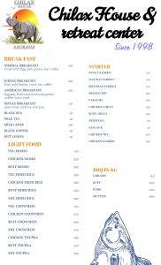 a menu for a chinese house restaurant center at Chilax House and Retreat Center in Sauraha
