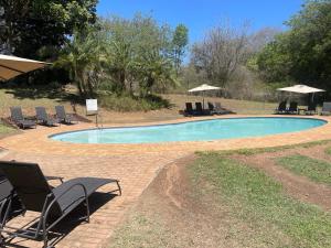 a swimming pool with lounge chairs and umbrellas at DUBE SAFARI LODGE at Kruger Park Lodge 505 in Hazyview