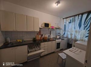 a kitchen with white cabinets and a sink and a microwave at Apartment Korzo in Bjelovar +2 photos