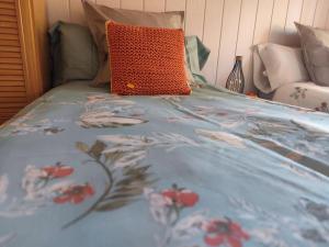 - un lit avec une couette bleue et un oreiller dans l'établissement ALOJAMIENTO MIRABUENOS, à Aranda de Duero