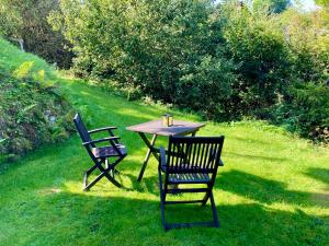 2 chaises et une table en bois dans l'herbe dans l'établissement Ferienwohnung Pützbachtal, à Daun