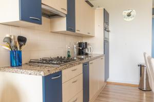 eine Küche mit blauen Schränken und einem Herd mit Backofen in der Unterkunft Duinerei appartement C102 in Callantsoog