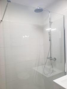 a shower with a glass door in a bathroom at Maison Souquet in Lamalou-les-Bains
