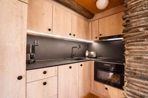 a kitchen with wooden cabinets and a sink at Holiday In Lapland - Pikkurakka 4 A 3 in Levi
