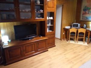 a living room with a large entertainment center with a flat screen tv at A Casa mia in Bieno +17 photos