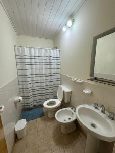 ein Badezimmer mit Toilette, Waschbecken und Spiegel in der Unterkunft Las Castañas in General Acha