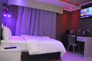 Un dormitorio con una cama, un escritorio y un televisor. en Wise Bird Guest House, en Roodepoort