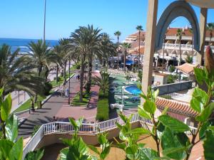 a view of a resort with palm trees and the ocean at Apartamentos Vista Sur in Playa de las Americas