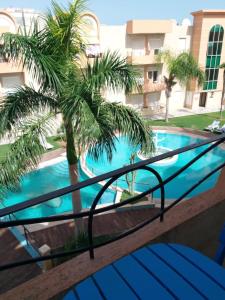 balkon z palmą i widokiem na basen w obiekcie COSI STUDIO VUE Piscine au bord de la mer à Chott Meriem et dans un emplacement privilégié w mieście Port El Kantaoui