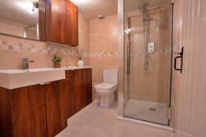 a bathroom with a shower and a toilet and a sink at Finest Retreats - Middle Barn at Blackclough Farm in Buxton +15 photos
