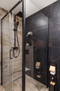 a bathroom with a shower with a glass door at SROK luxury apartment with pool in Kastav