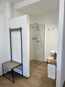 a bathroom with a glass shower and a sink at Casa Rural Macondo in Trujillanos