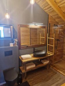 a bathroom with a sink and a shower at Cabana 278 in Moieciu de Jos +33 photos