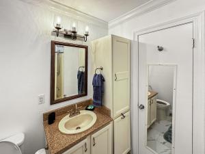 a bathroom with a sink and a mirror and a toilet at Baywatch Paradice Bayfront, private pier, Sleeps 8 Fenced Dog Area 8 m to beach in Gulf Shores +51 photos