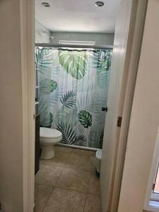 a bathroom with a toilet and a shower curtain at Bonito Depa céntrico in Jardines de la Hacienda