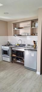 a kitchen with a stove and a sink at Cabañas Paso de Viento in El Chalten