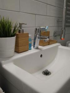 a white bathroom sink with a faucet and a plant at Stunning Home In Tvååker With 2 Bedrooms And Sauna in Tvååker