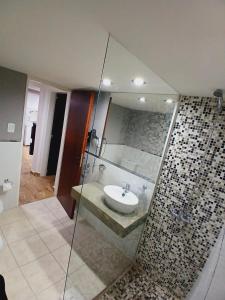 a bathroom with a sink and a glass shower at La Divina Pereza Eco in San Rafael