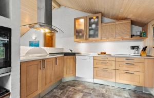 a kitchen with wooden cabinets and white appliances at Nice Home In Blåvand With Sauna in Blåvand