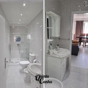 a white bathroom with a toilet and a sink at Quinta Cunha in São Pedro do Sul