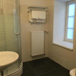 a bathroom with a shower and a sink and a toilet at Hotel SINOS in Klagenfurt