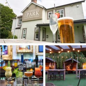 two pictures of glasses of beer and a restaurant at A HOME AWAY HOT TUB RETREAT AT Tattershall lakes country park in Tattershall