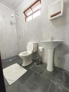 a bathroom with a toilet and a sink at Pousada Chalé do Beija Flor in Ubatuba