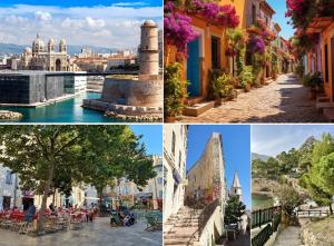 a collage of photos of a city and buildings at Élégant T3 au Panier Vieux Port avec Terrasse Privée et Parking in Marseille +21 photos