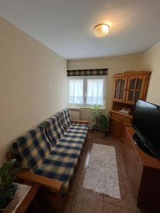 a living room with a couch and a television at Playa La Guia Apartamento in Llanes