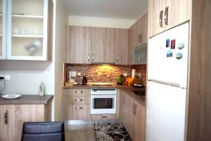 a kitchen with wooden cabinets and a white refrigerator at Antigoni's House in Kozani