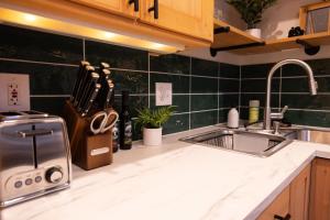 une cuisine avec un évier et un plan de travail dans l'établissement Charming and Cozy Studio in DT Northfield, à Northfield