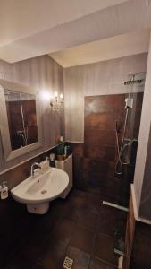 un baño con lavabo y ducha en FREE PARKING & Self Check-IN WestSide Studio Near the Lake, Lacul Morii,Near Metro Stations Sector6, en Bucarest