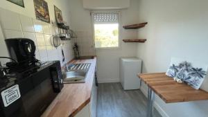 a small kitchen with a sink and a window at Studio avec jardin centre ville Cabourg La Roseraie in Cabourg
