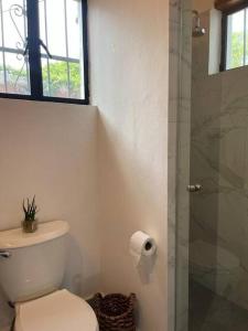 a bathroom with a toilet and a glass shower at Casa Moly in Guanajuato