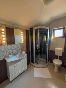 a bathroom with a shower and a sink and a toilet at Topaz Villa in Paleu +83 photos