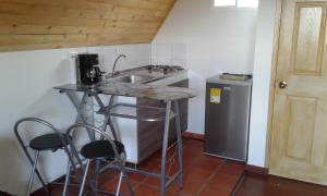 a small kitchen with a sink and a refrigerator at Cabaña Los Llanitos Hospedaje Campestre in Guatavita