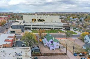 an aerial view of a building with a durham durham college sign at Tiger Lair Walk to CC Historic Downtown COS 4BR in Colorado Springs