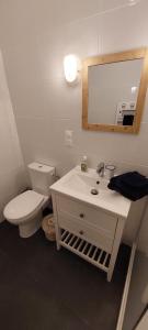 a bathroom with a toilet and a sink and a mirror at Escapade en Bretagne in Penmarcʼh +19 photos