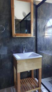 a bathroom with a sink and a mirror at Cabañas El Mirador in El Soberbio