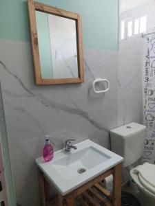 a bathroom with a sink and a mirror and a toilet at Alojamiento Los Imigrantes in Chajarí +32 photos